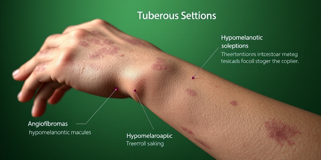 Close-up of skin lesions on an arm, highlighting angiofibromas and hypomelanotic macules in photorealistic detail.  2.png