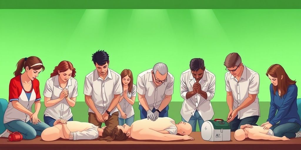 Diverse individuals demonstrate various CPR techniques in a training environment, showcasing focus and teamwork in emergency response.  3.png