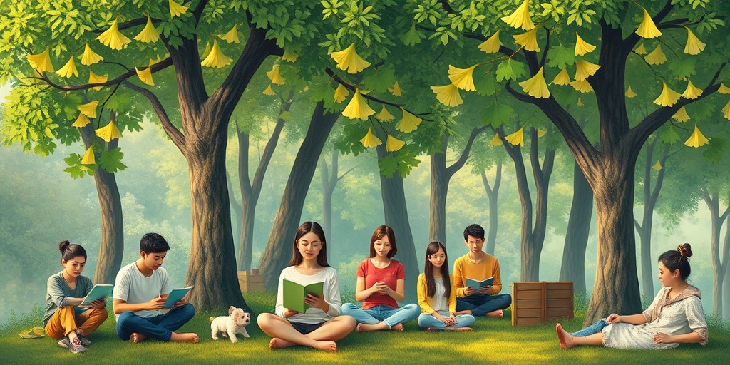 Diverse individuals engaged in activities under Ginkgo trees, symbolizing cognitive enhancement and well-being in a serene setting.  2.png