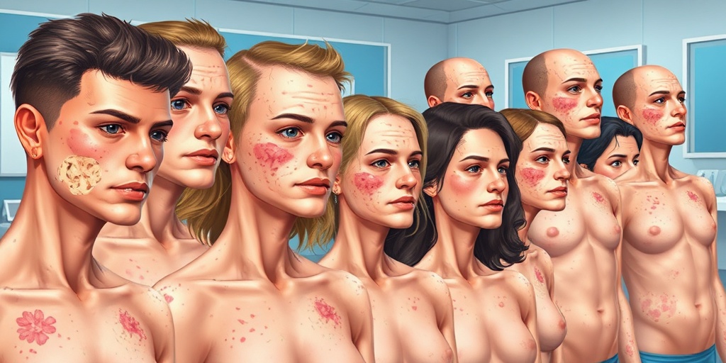 Diverse individuals in a clinical setting displaying various Granuloma Fungoides symptoms, with bright lighting emphasizing skin variations. 2.png