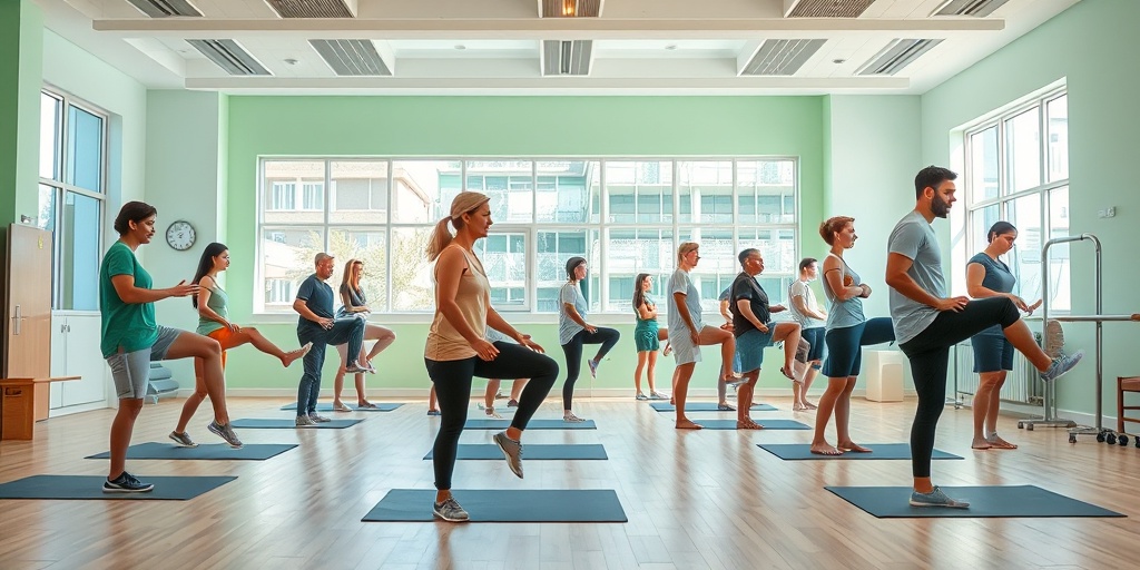 Diverse patients engage in rehabilitation exercises for meniscus recovery, promoting camaraderie and support in a bright gym. 4.png