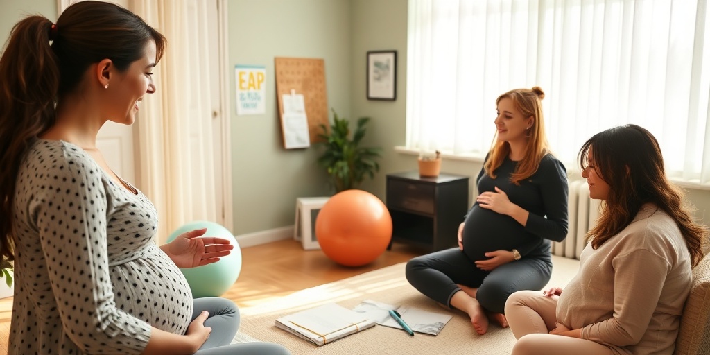 Expectant parents engaged in a childbirth preparation class, learning breathing techniques from a knowledgeable midwife in a welcoming environment.  3.png
