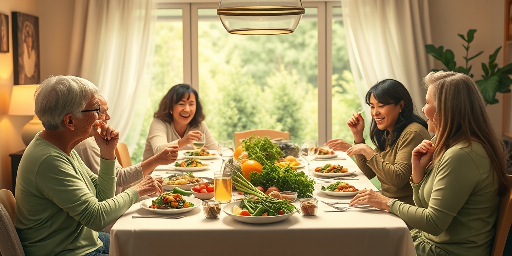 Friends and family share a healthy meal around a cozy dinner table, highlighting the emotional bonds of well-being.  5.png