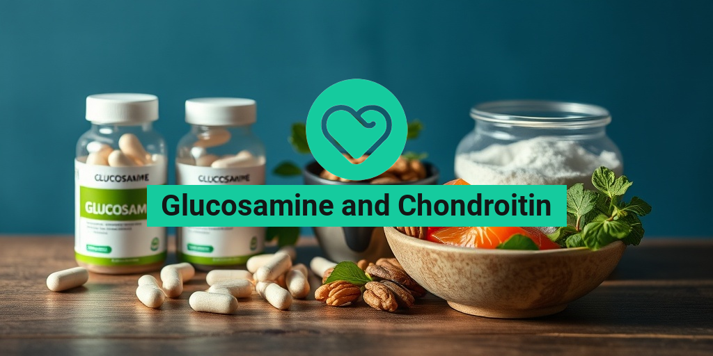 Glucosamine and chondroitin supplements elegantly arranged on a wooden table, highlighting health benefits with soft lighting. • Yesil Health AI