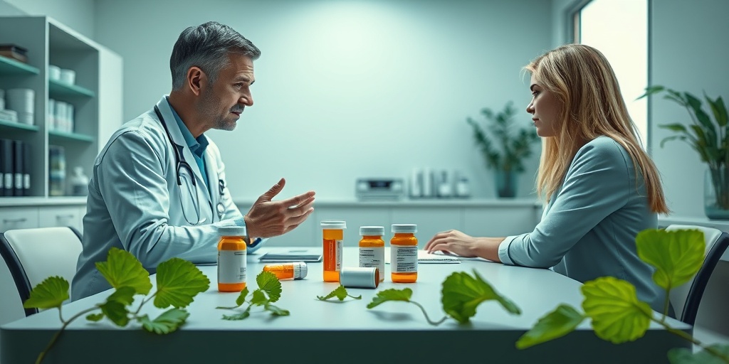 Healthcare professional discussing Ginkgo interactions with a patient, emphasizing informed health choices in a reassuring clinic atmosphere.  4.png