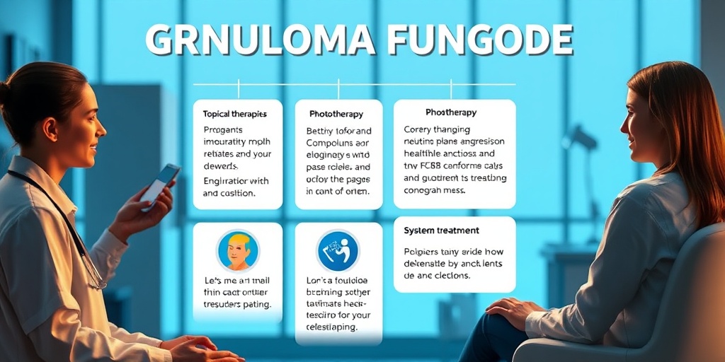 Healthcare professional discussing Granuloma Fungoides treatments with a patient in a modern clinic, warm lighting creating a supportive atmosphere. 4.png