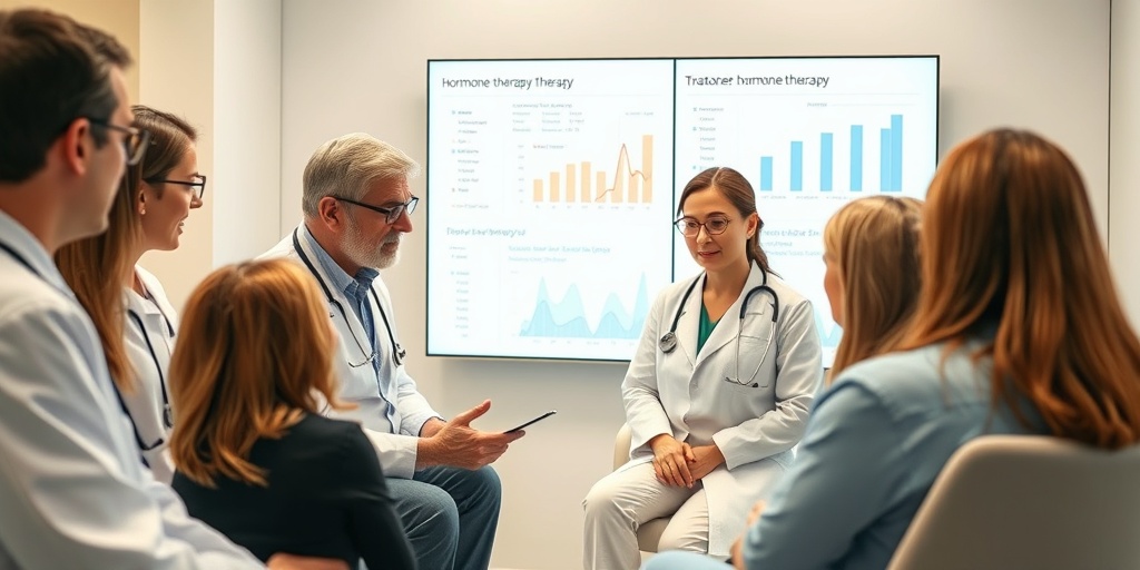 Healthcare professionals collaborate with a patient, discussing hormone therapy options in a modern, well-lit clinic.2.png