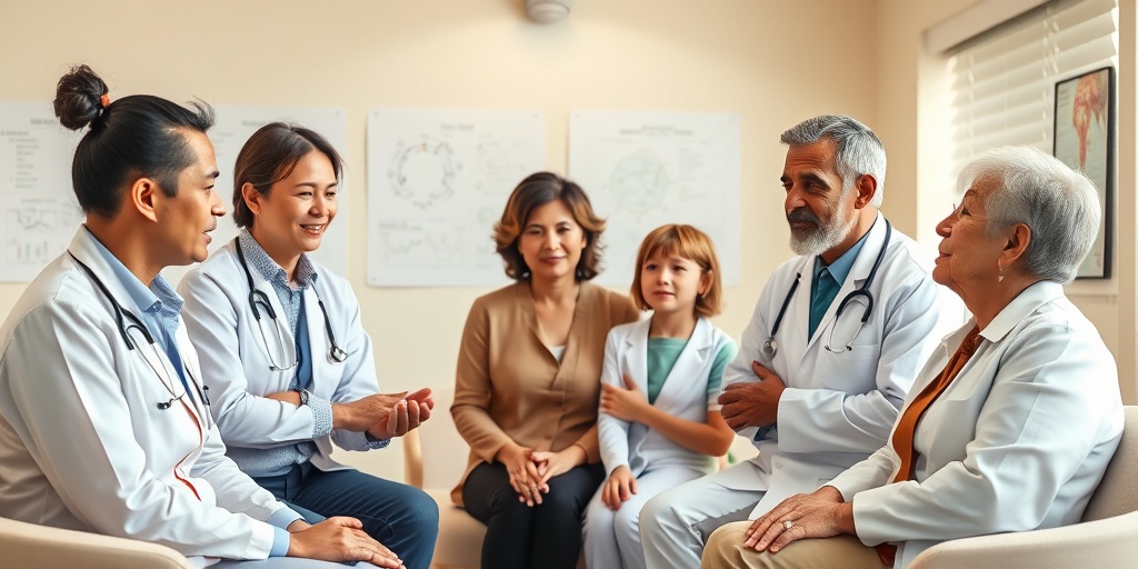 Healthcare professionals discuss a Tuberous Sclerosis management plan with a concerned yet hopeful family in a consultation room.  4.png