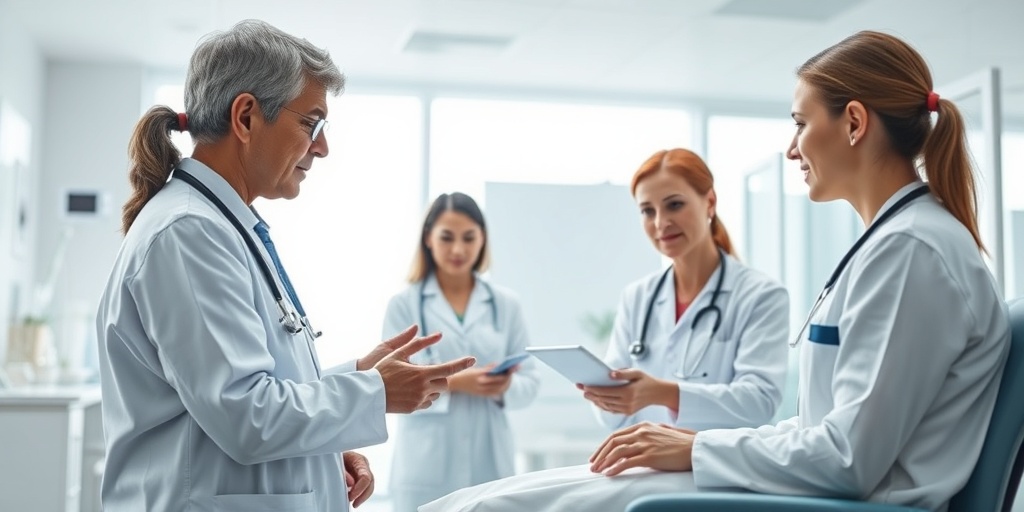 Healthcare professionals discuss treatment options for Jakob-Creutzfeldt Disease in a modern facility, surrounded by a hopeful color palette of whites and blues.4.png