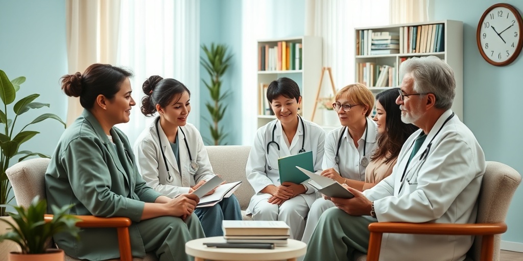 Healthcare professionals engaged in a heartfelt discussion in a cozy room filled with palliative care resources.2.png