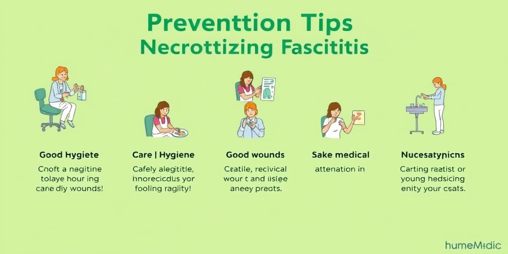 Illustrated prevention tips for necrotizing fasciitis emphasize hygiene, wound care, and timely medical attention in a soothing environment.  5.png