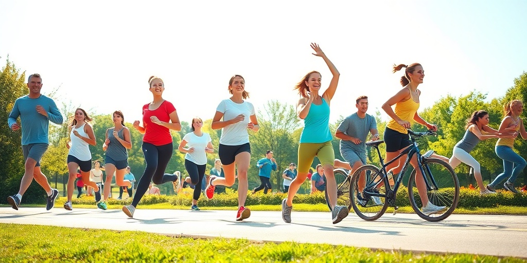 Individuals engage in jogging, yoga, and cycling in a sunlit park, showcasing the vitality of an active lifestyle.  4.png