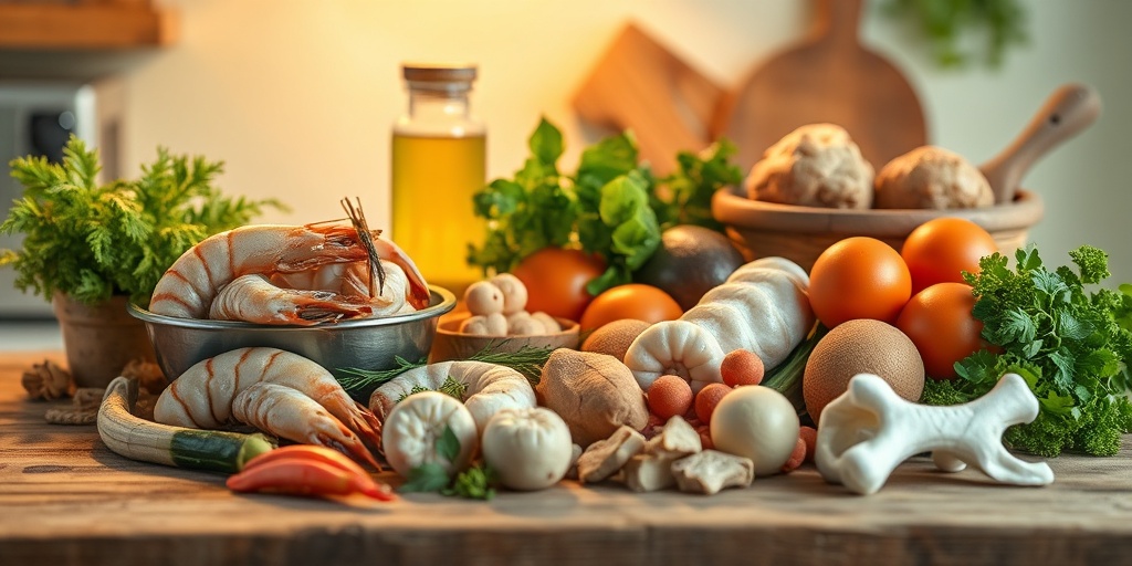 Natural sources of glucosamine and chondroitin, including shellfish and bone broth, beautifully displayed on a rustic kitchen counter.3.png