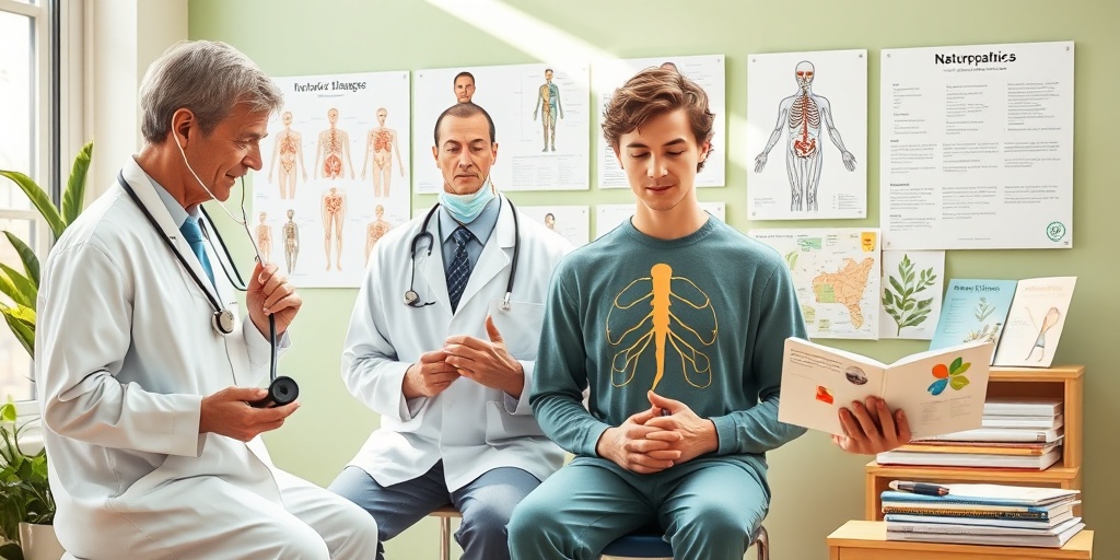 Naturopathic diagnosis methods illustrated with practitioners using stethoscopes and examining patients in a bright, airy environment.  4.png