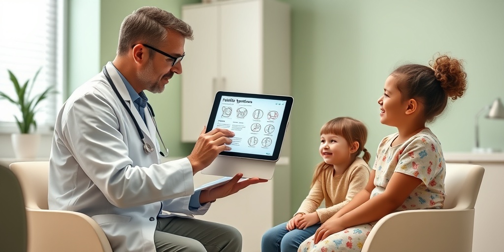 Pediatrician consulting a family about Pfeiffer Syndrome, highlighting hope in a modern clinic setting.  3.png