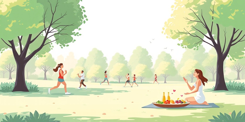People enjoying a peaceful park, jogging, practicing yoga, and picnicking with nutritious foods. 2.png