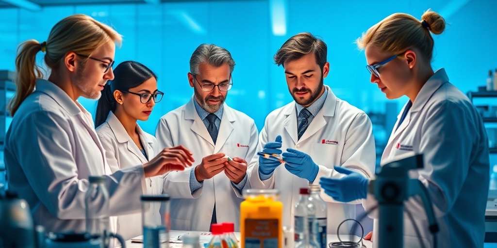 Scientists collaborate in a high-tech lab, analyzing genetic samples and discussing innovative therapies for Schereshevkii-Turner Syndrome.  5.png