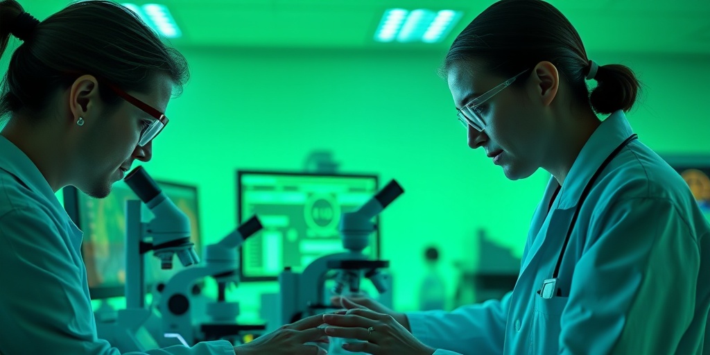 Scientists conduct groundbreaking research on Jakob-Creutzfeldt Disease in a lab, showcasing advanced technology and a calming green background for innovation.5.png