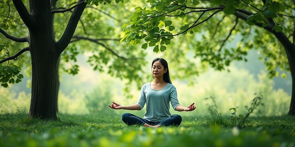Serene individual practicing mindfulness among Ginkgo trees, capturing the essence of relaxation and nature's role in alleviating anxiety.  5.png