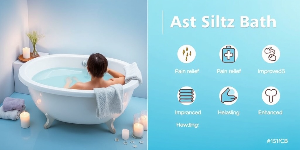 Split image showing a relaxed person in a sitz bath alongside icons illustrating benefits like pain relief and healing.  2.png