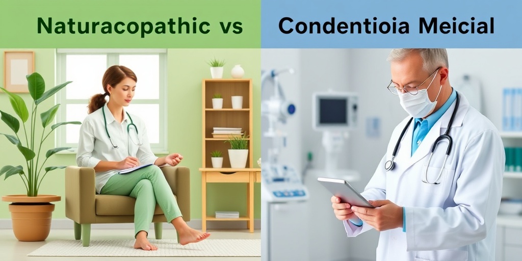 Split-screen image contrasting naturopathic and conventional medicine, highlighting unique approaches in cozy and clinical settings.  3.png