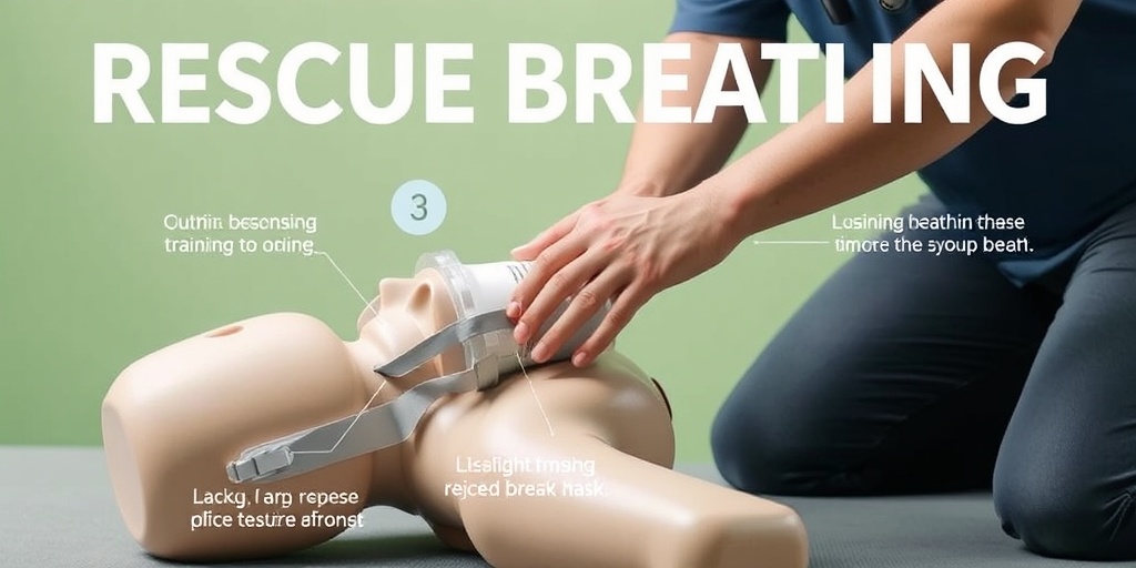 Step-by-step guide of rescue breathing technique on a mannequin, emphasizing clear instructions and calm atmosphere.  2.png