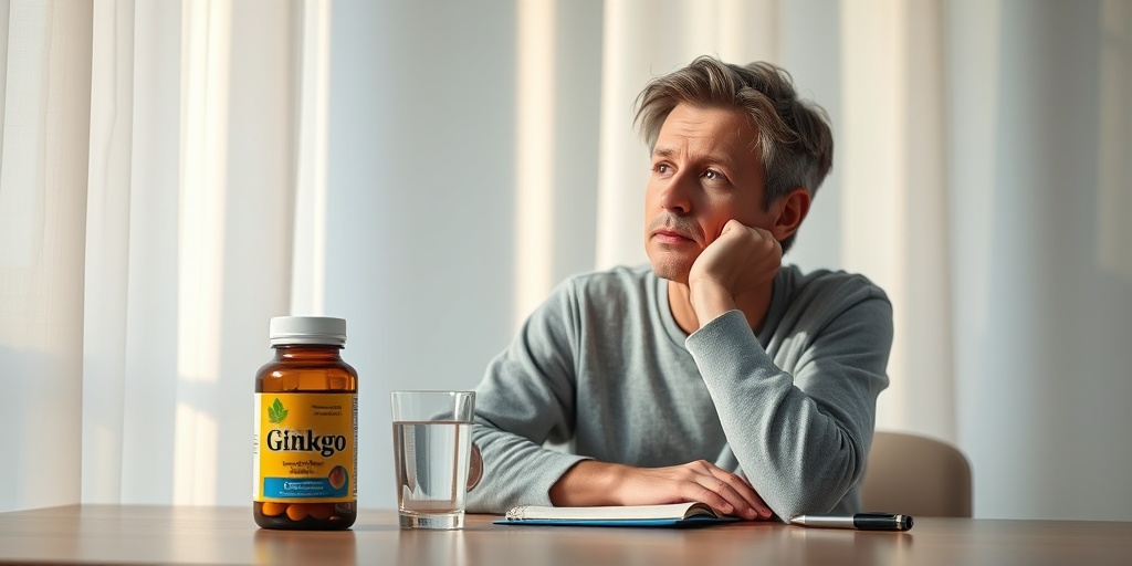 Thoughtful individual contemplating Ginkgo supplements at a table, surrounded by a calm environment and health-related elements.  3.png