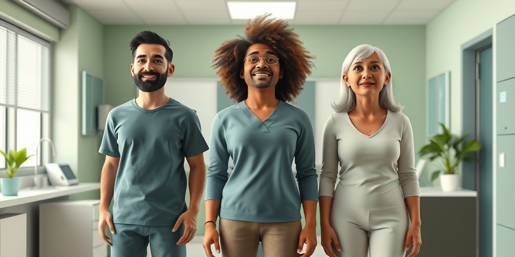 Three individuals in a modern clinic display diverse symptoms of Charcot-Marie-Tooth Disease, reflecting hope and determination. 3.png