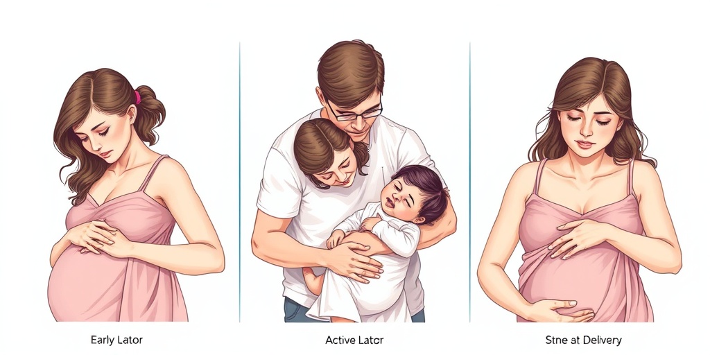 Three panels illustrate labor stages: early contractions, active labor support, and the determined delivery phase, set against a soft blue gradient.  2.png