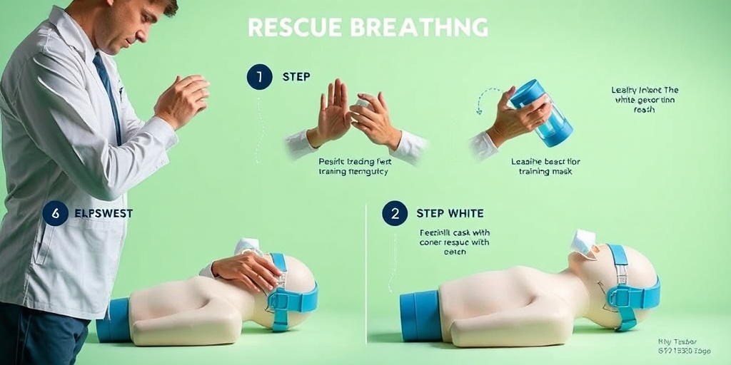 Visual guide to rescue breathing, detailing hand positioning and mask use, set in a calming educational environment.  4.png