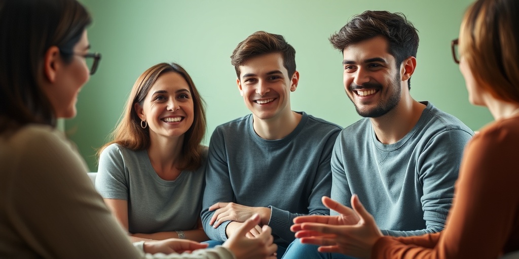 Young adults with MPS I share experiences in a supportive group therapy session, fostering community and resilience.  5.png