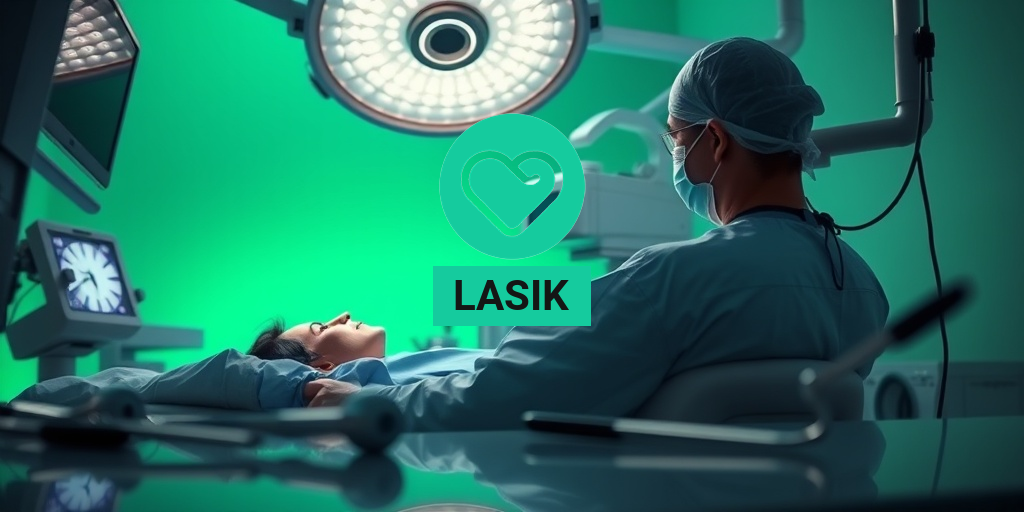 A LASIK surgery room with a patient reclined under bright lights, showcasing advanced laser equipment and a focused surgeon. • Yesil Health AI