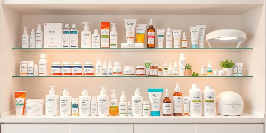 A bright pharmacy shelf displaying various vitiligo treatment options, including creams and light therapy devices, in a clean, clinical environment. 4.png