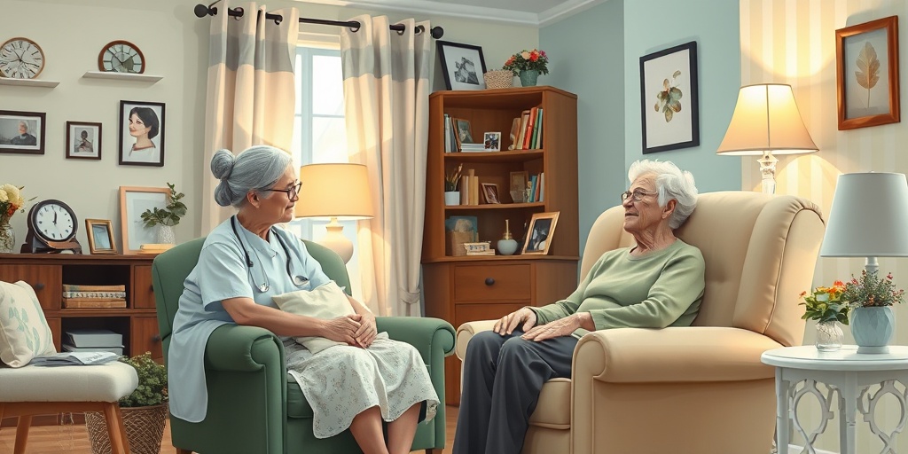 A caregiver assisting an elderly patient in a warm living room filled with personal mementos and soft lighting.  4.png