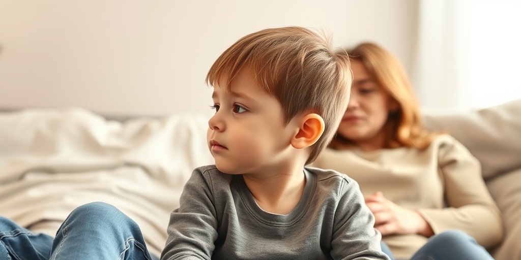 A child with swollen lymph nodes sits on a couch, illuminated gently, while a concerned parent offers comfort in a warm setting. 3.png