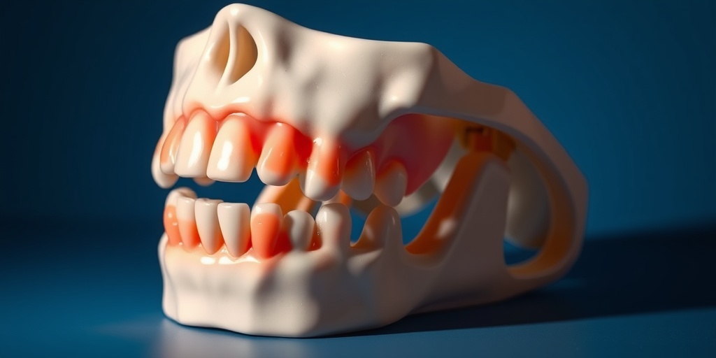 A close-up of a jaw model illustrates complications of mandibular ameloblastoma, set against a subtle blue background.  4.png