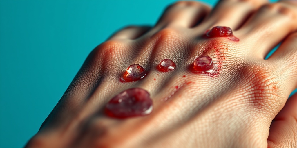 A close-up of a patient's hand reveals painful sores, emphasizing texture and color variations against a soft blue background. 2.png