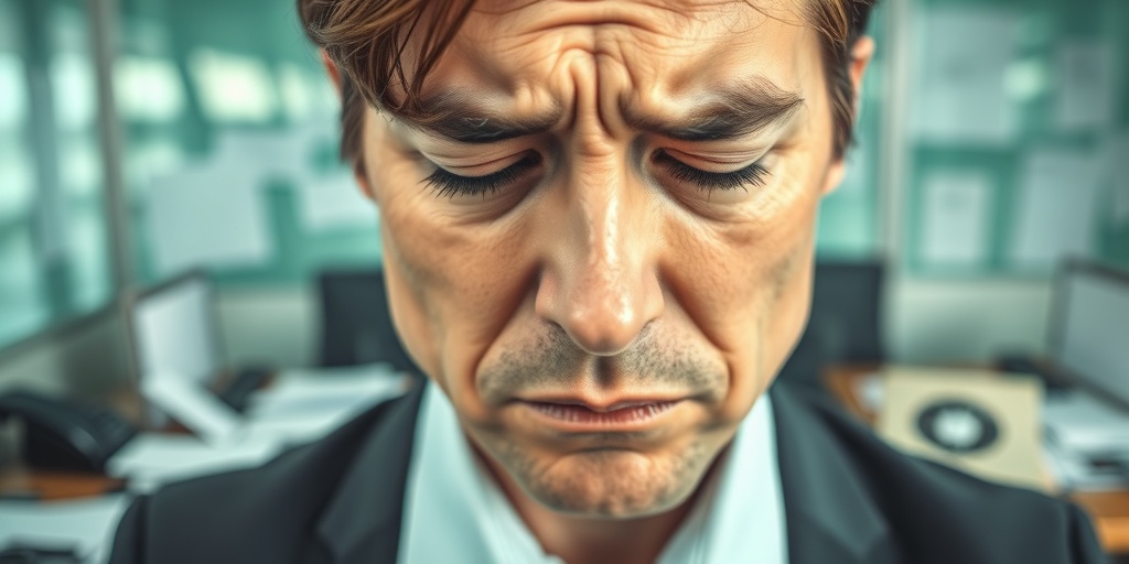 A close-up of a stressed employee's face, highlighting the emotional toll of job stress amidst a chaotic office backdrop.  2.png