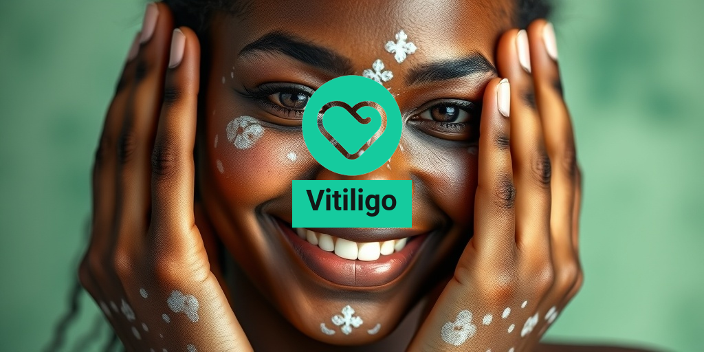 A close-up portrait of a smiling person with vitiligo, showcasing unique skin patterns against a serene green and white background. • Yesil Health AI