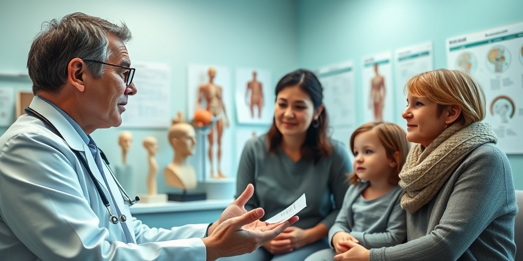 A compassionate doctor discusses Treacher Collins Syndrome treatment options with a family in a bright, modern clinic setting.4.png