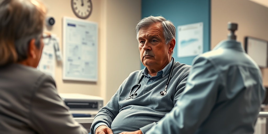 A concerned middle-aged patient discusses fatigue symptoms with a healthcare professional in a warmly lit doctor's office.2.png