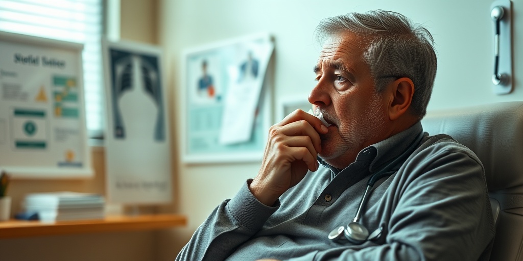 A concerned middle-aged patient in a doctor's office, holding a tissue, surrounded by medical charts and soft lighting. 2.png