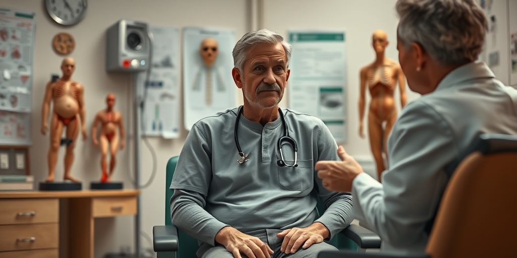 A concerned patient discusses Whipple’s Disease symptoms with a physician in a warm, inviting doctor's office.  2.png