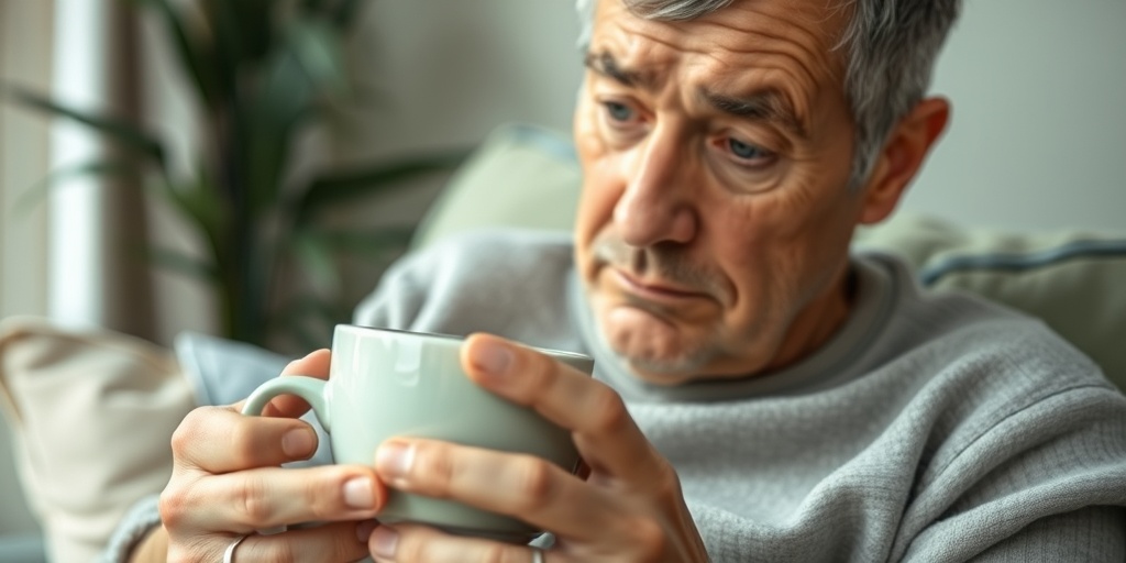 A contemplative patient in a cozy living room, holding tea, reflecting on the challenges of Multiple Sclerosis. 2.png