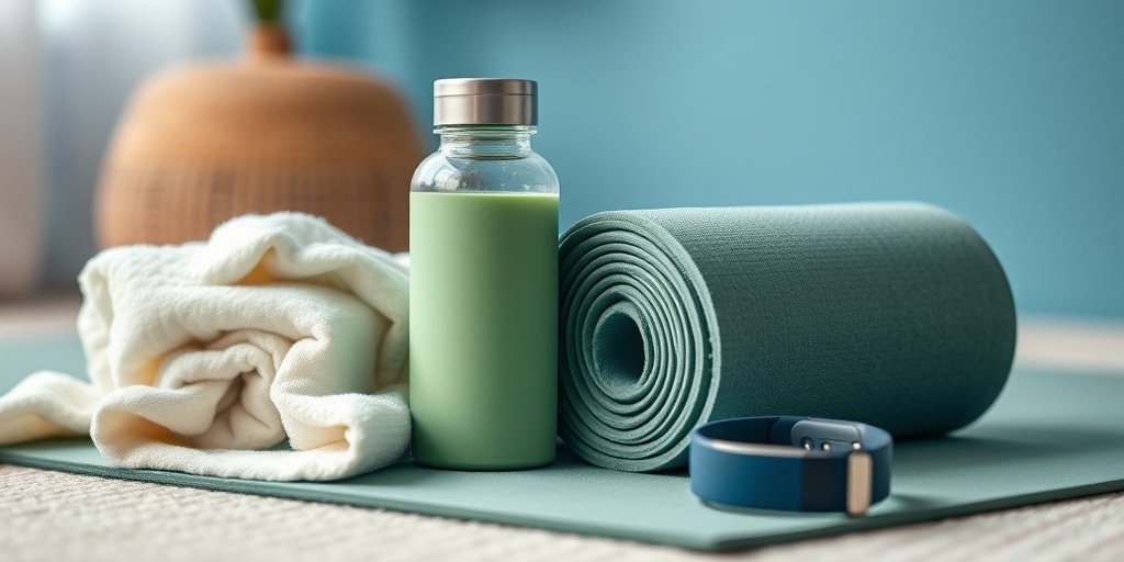 A cozy home workout area features a yoga mat, water bottle, and towel, emphasizing readiness and motivation in soft lighting.  2.png