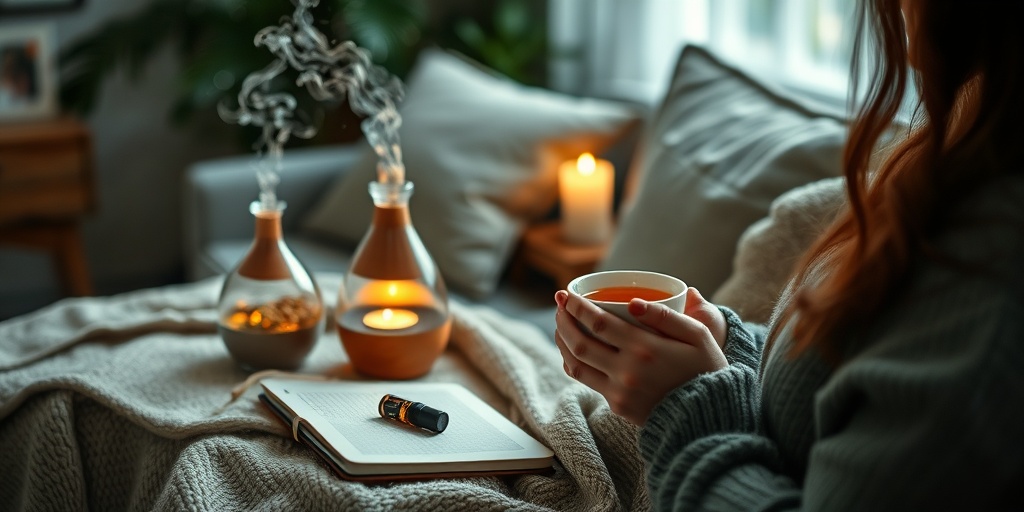 A cozy living room scene with herbal tea, a diffuser, and a journal, embodying self-care and relaxation.  5.png