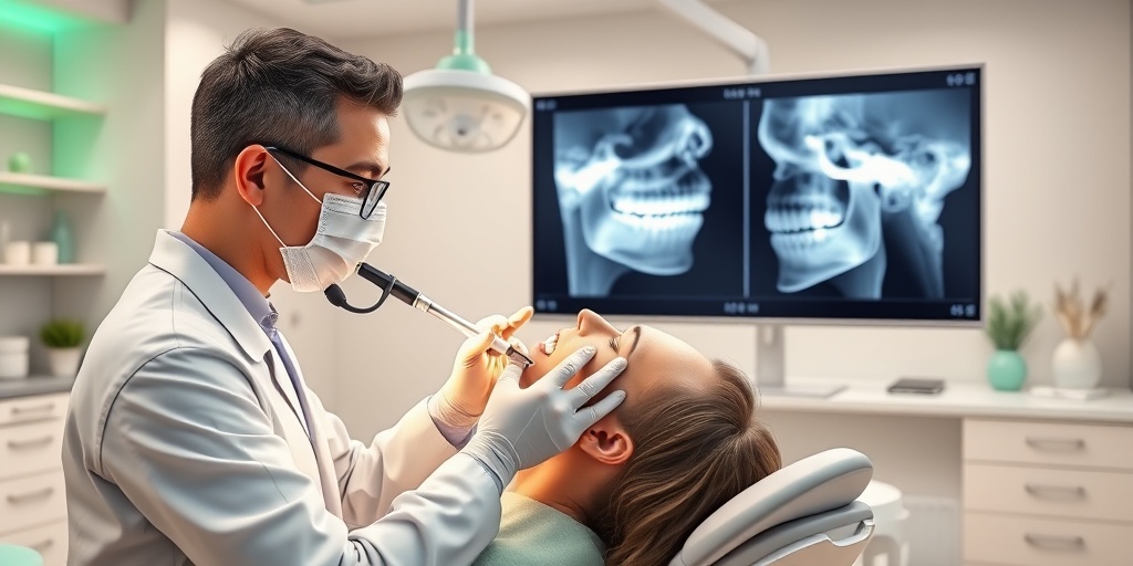 A dentist examines a patient's jaw, with an X-ray displaying the tumor in a modern dental office setting.  3.png
