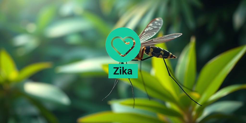 A detailed Zika virus mosquito perched on vibrant green foliage, showcasing its striking black and white body markings. • Yesil Health AI