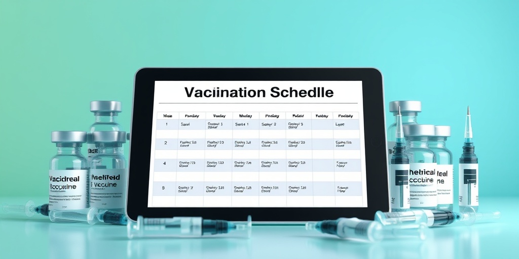 A digital tablet displays an organized vaccination schedule, surrounded by vaccine vials and syringes in a professional setting.  3.png