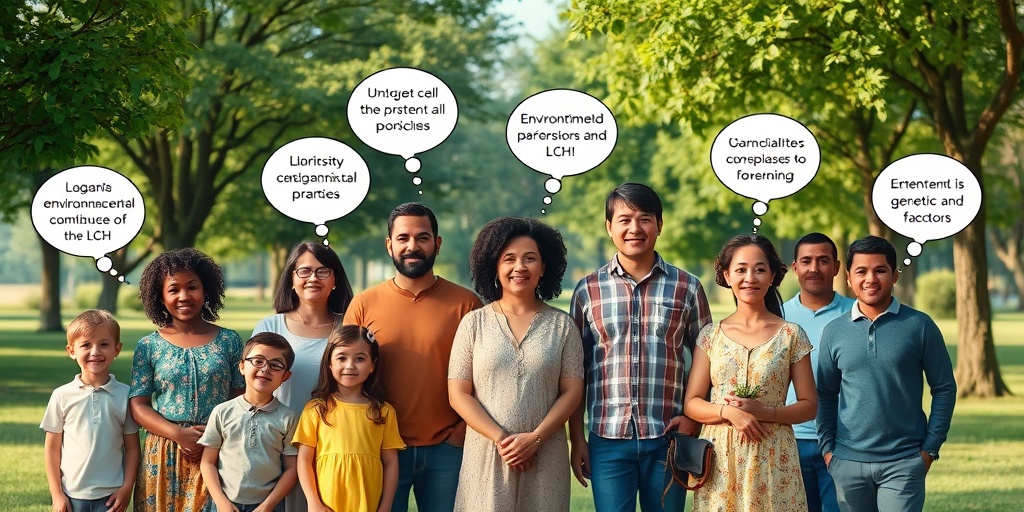 A diverse community discusses environmental and genetic factors of LCH, surrounded by a serene park scene filled with greenery.  3.png